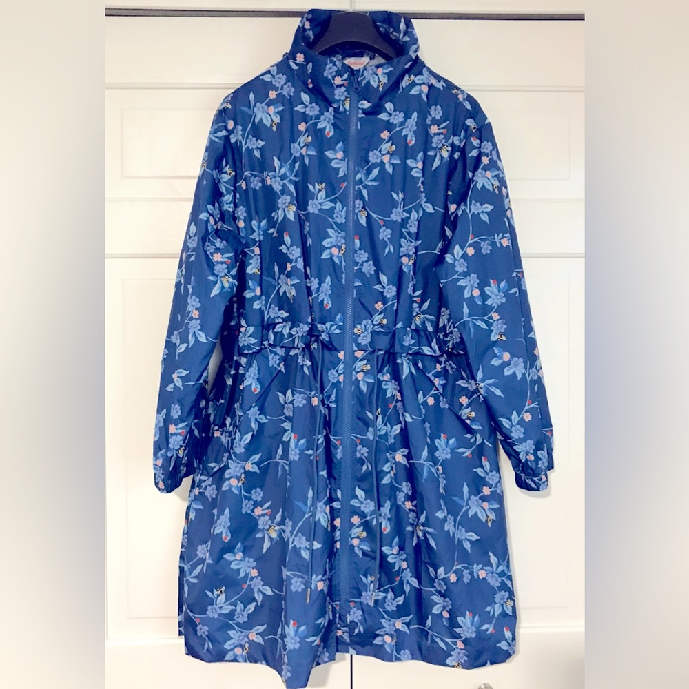 Cath Kidston "Greenwich Flowers" Midnight Blue Hooded Rain Jacket sz XL